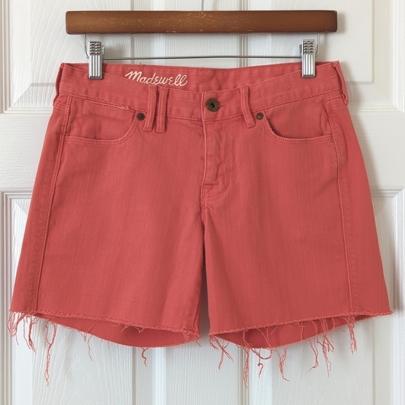 Madewell Classic Relaxed Mid Rise Cut Off Frayed Hem Jean Shorts Coral Pink 26 - Picture 1 of 11